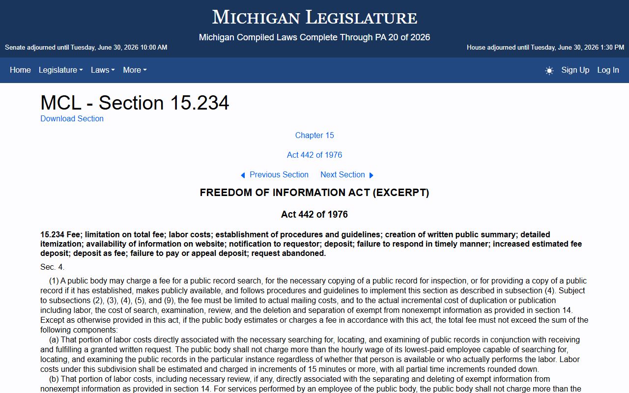 Berrien County court records copy fees under Michigan FOIA statute