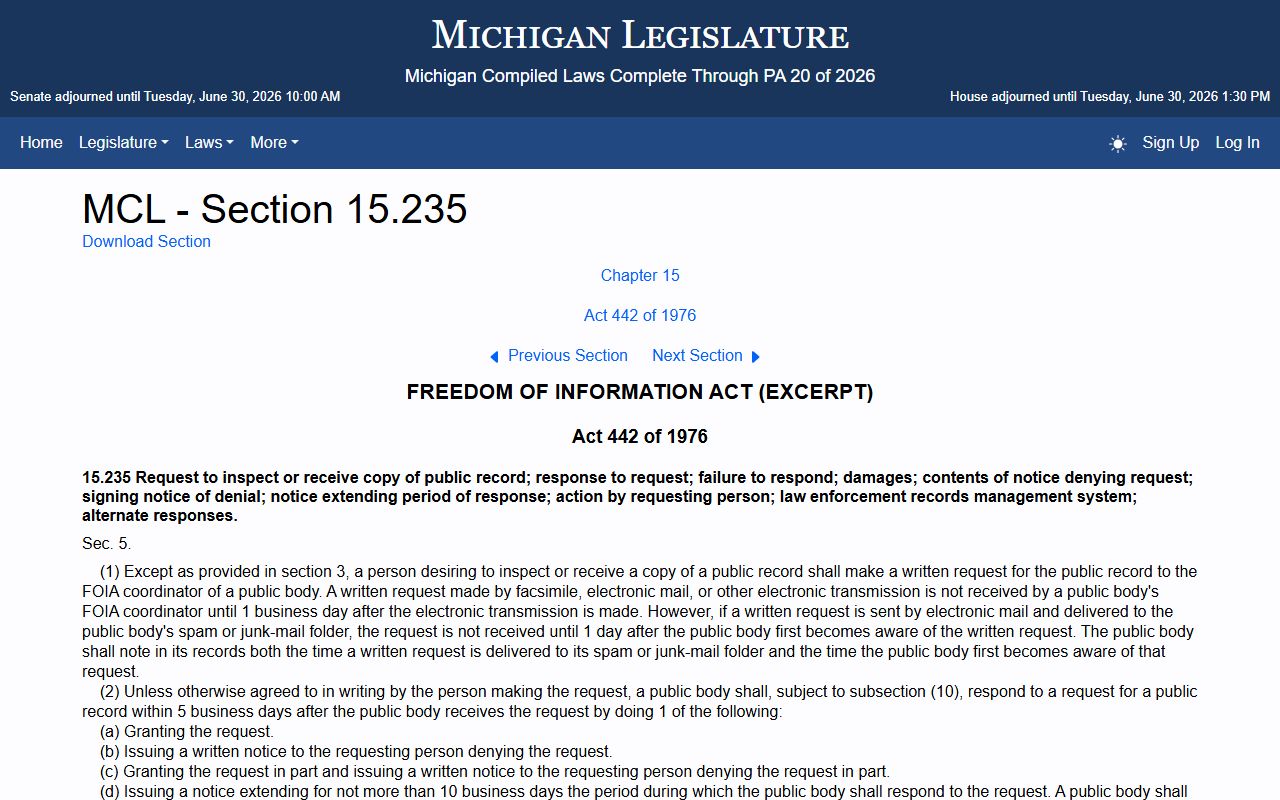 Berrien County court records request response timing under Michigan FOIA