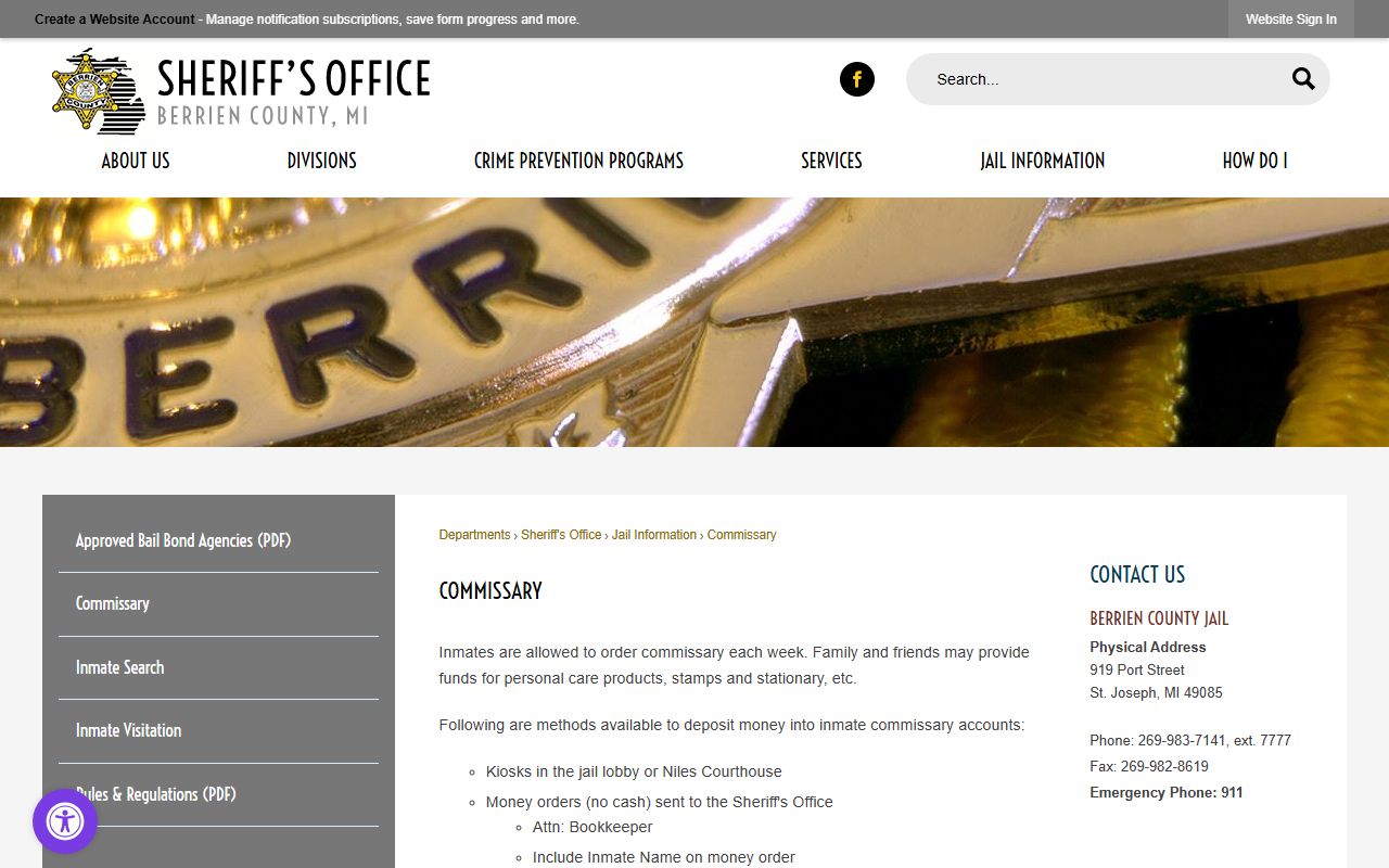 Berrien County trial court and justice-system online commissary service page
