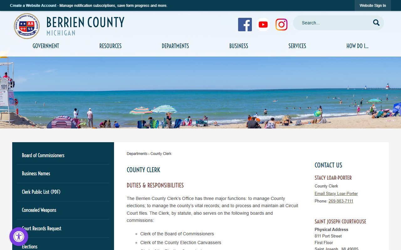 Berrien County clerk page describing court file duties and record counters
