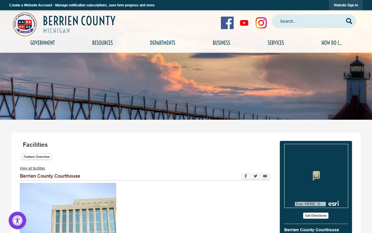 Berrien County courthouse facility page with floor layout and court records offices