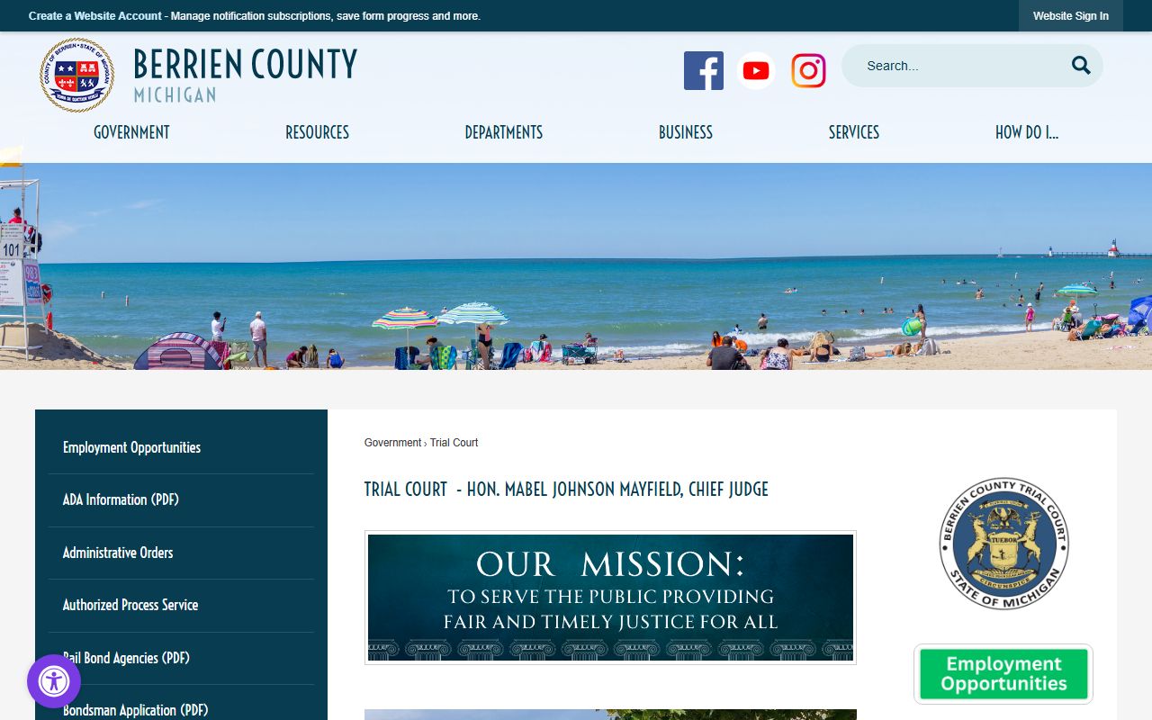 Berrien County trial court landing page with courthouse addresses and court records access