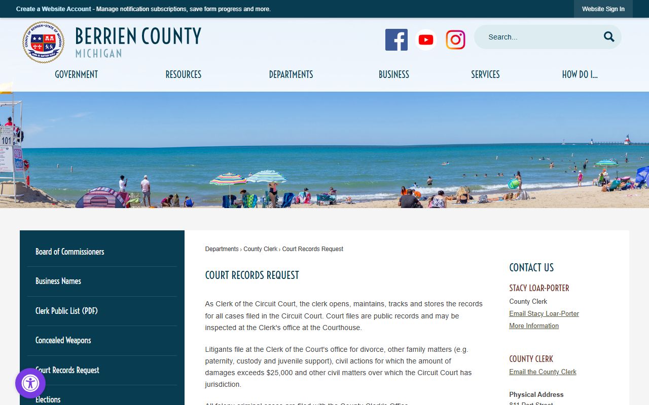 Berrien County court records request page showing records check fees