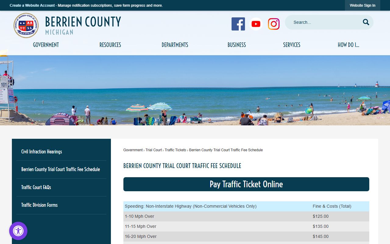 Berrien County traffic fee schedule page for citation court records
