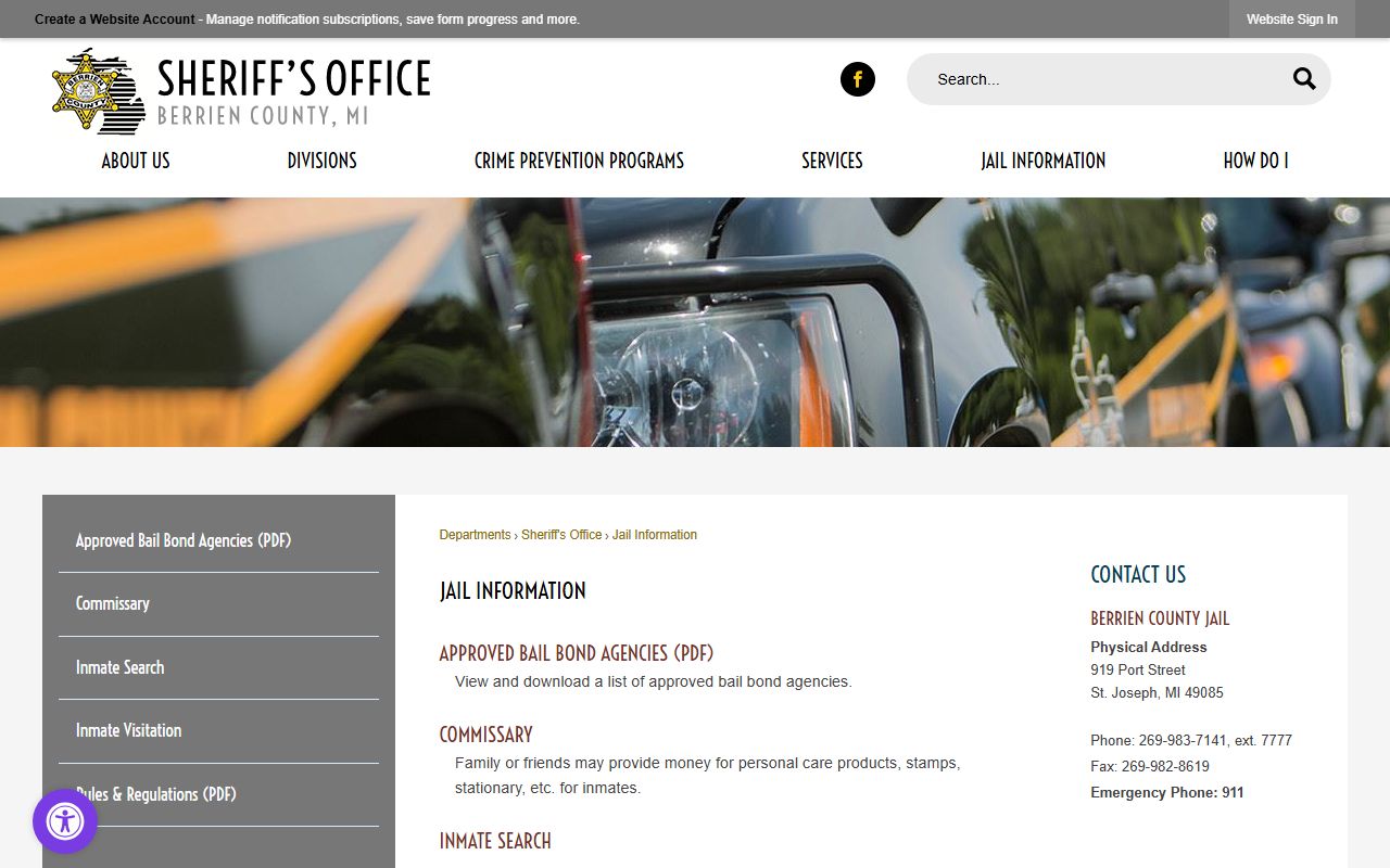 Berrien County jail information page with address and phone