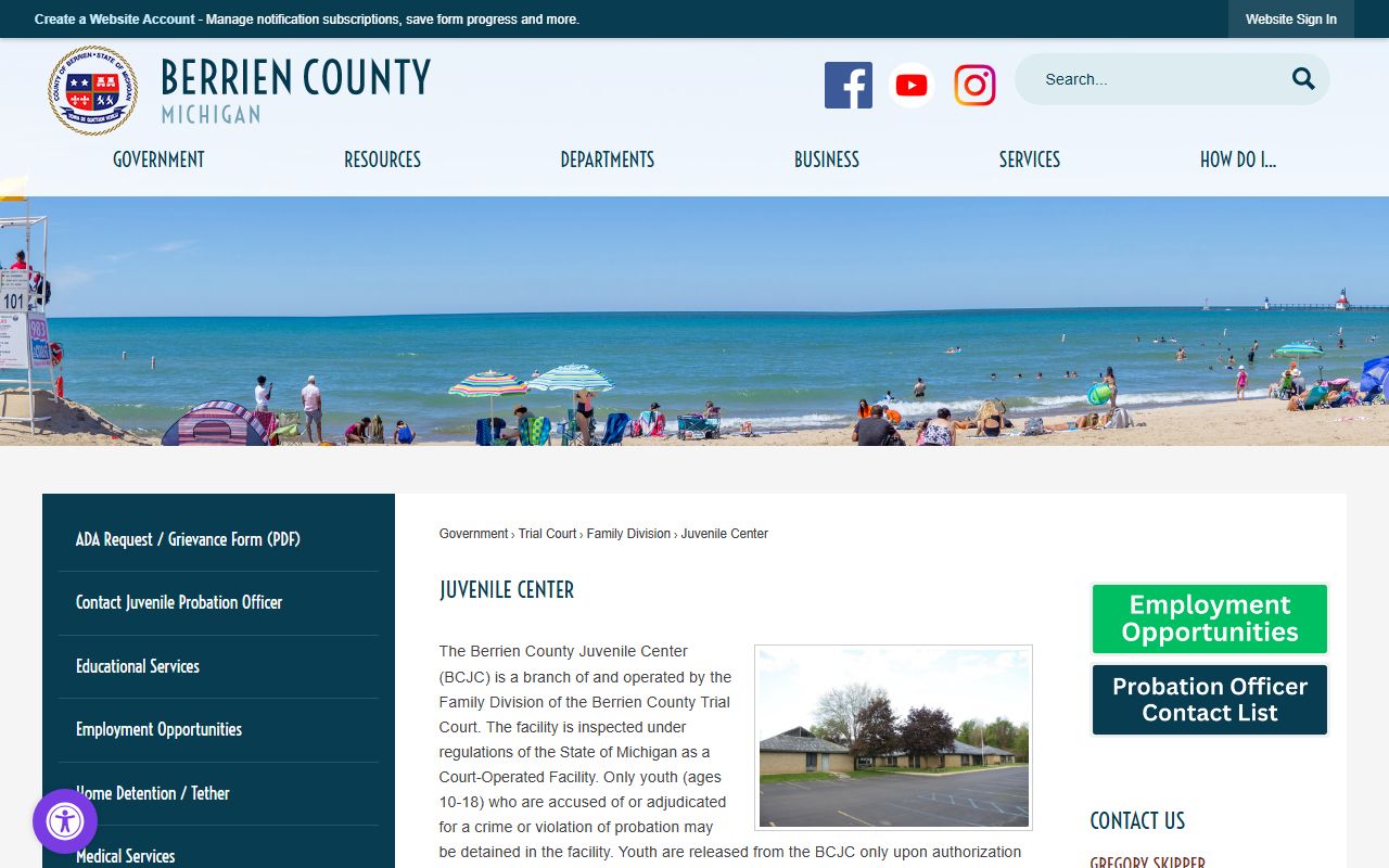 Berrien County Juvenile Center page showing inmate capacity