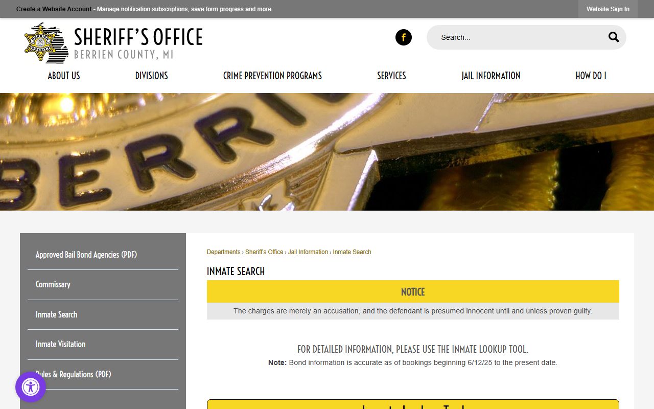 Berrien County public inmate search page with booking-delay note