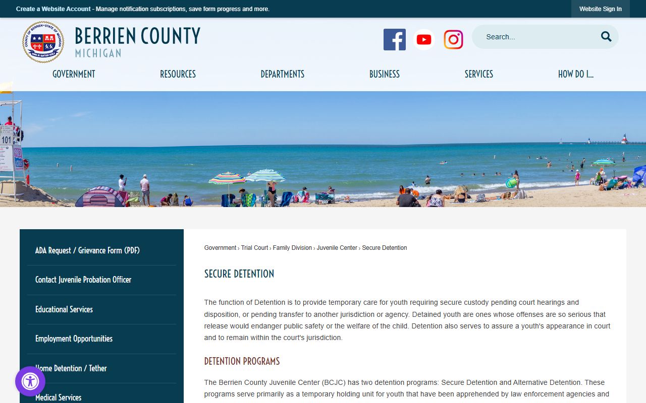 Berrien County secure detention unit page for juvenile inmates