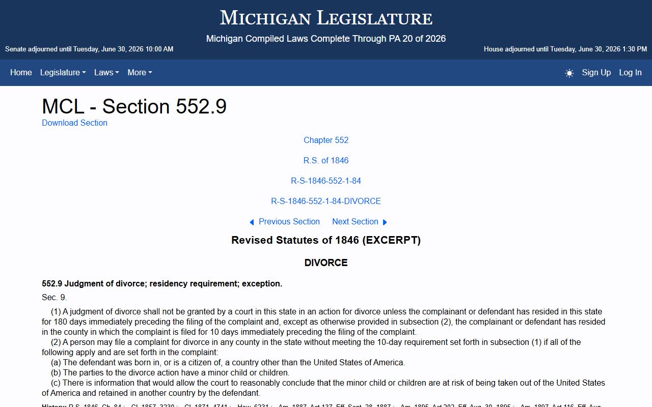 Berrien County divorce records residency requirement under Michigan law