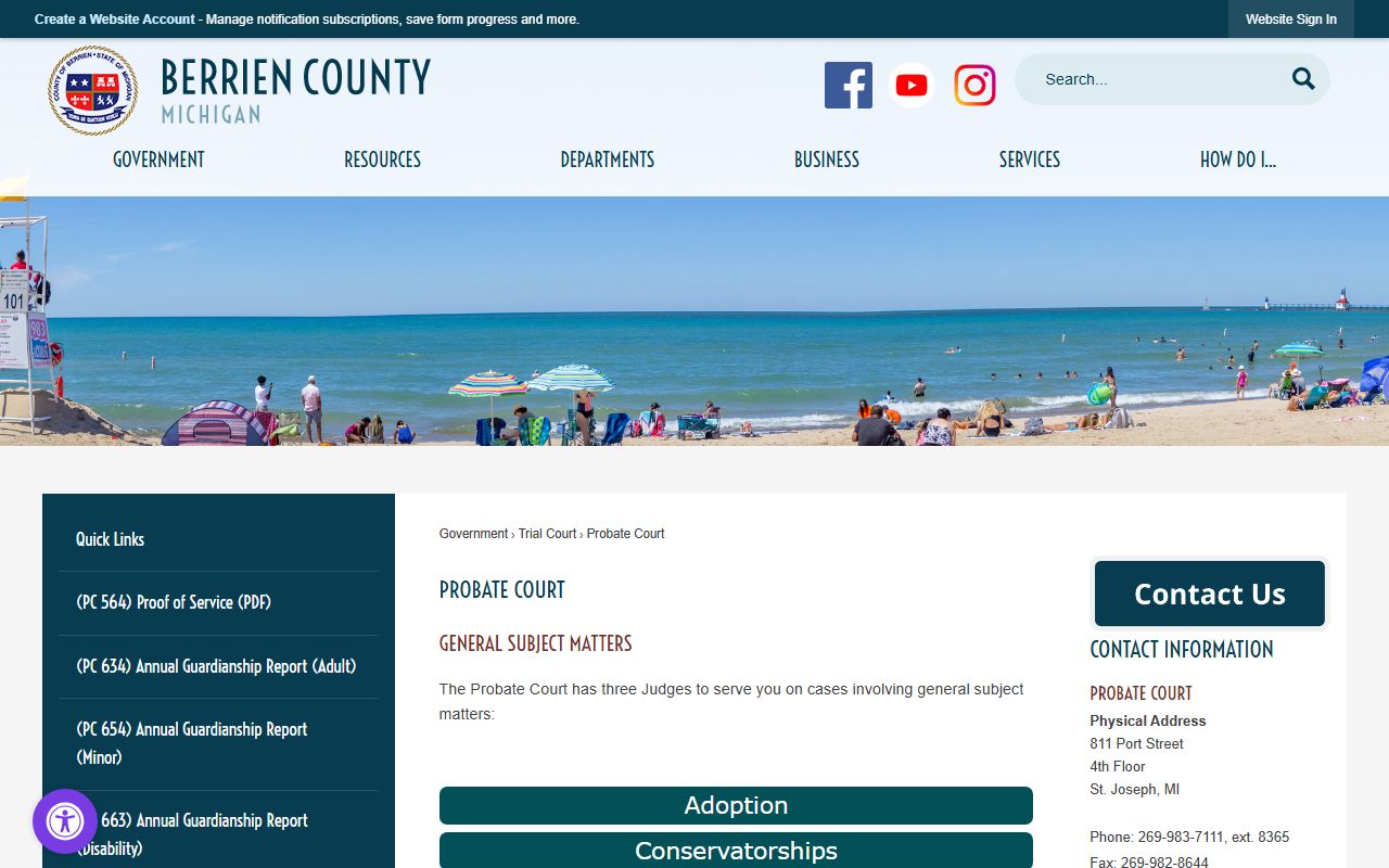 Berrien County probate records court page with address, hours, and staff