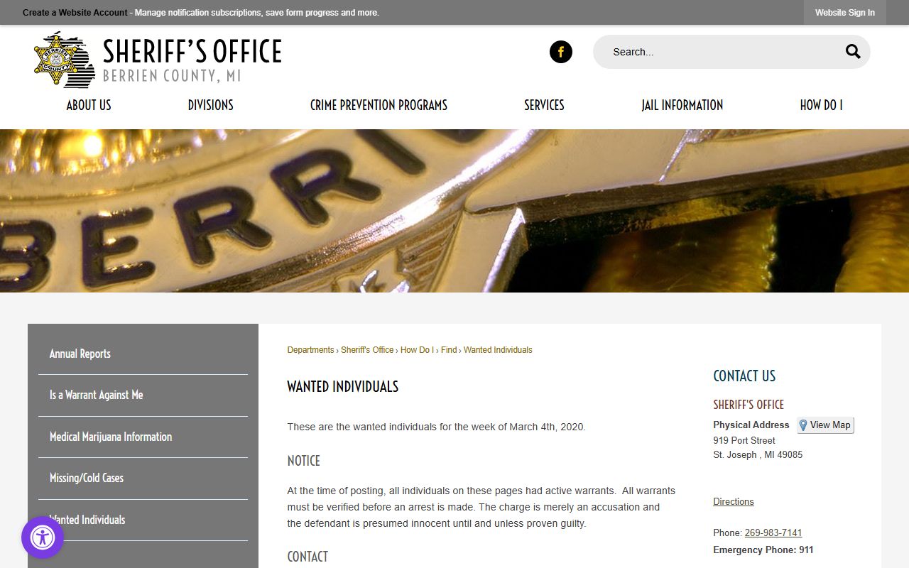 Berrien County warrant listing on the Wanted Individuals page