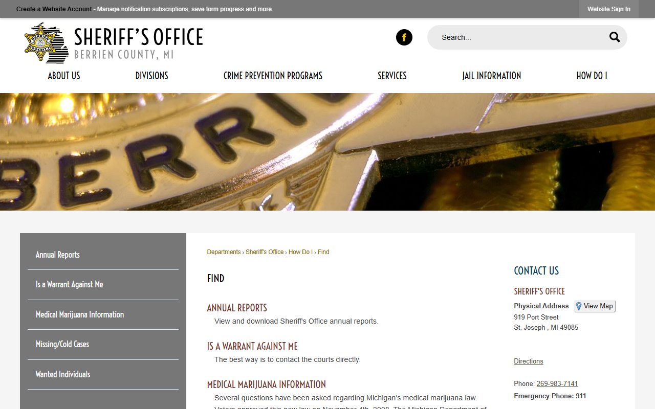 Berrien County warrant and wanted-individuals guidance on the sheriff Find page
